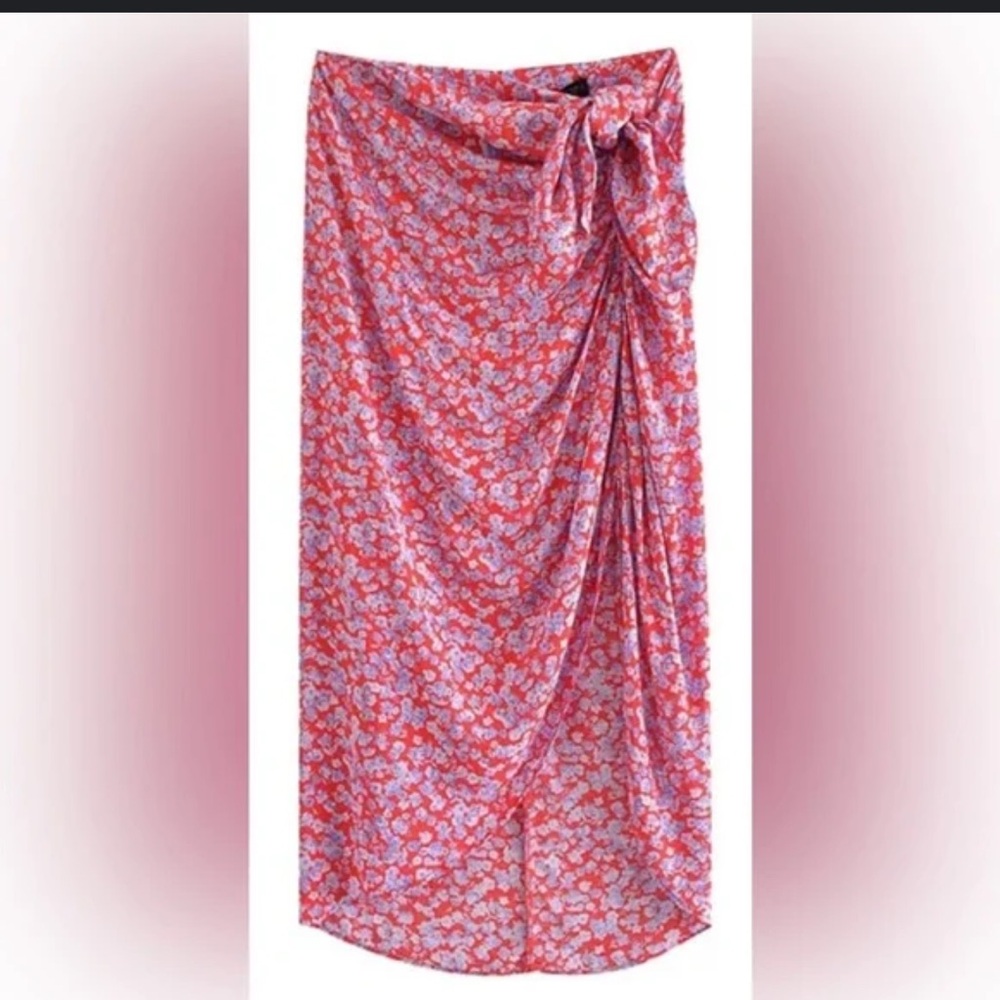 Zara Red and purple Floral Midi Skirt size Large